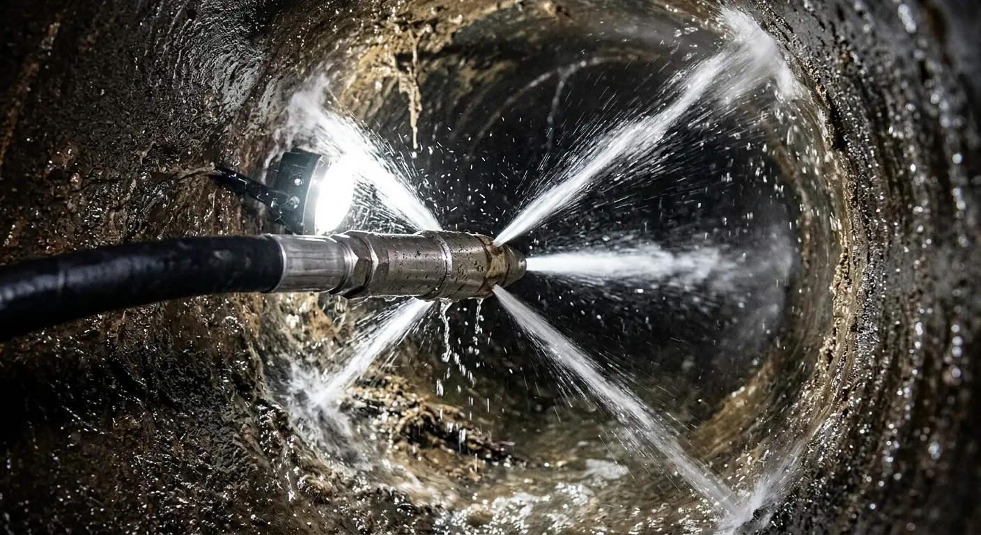 High-pressure hydro jetting nozzle cleaning sewer pipe for Trenchless Sewer Repair in Southbury