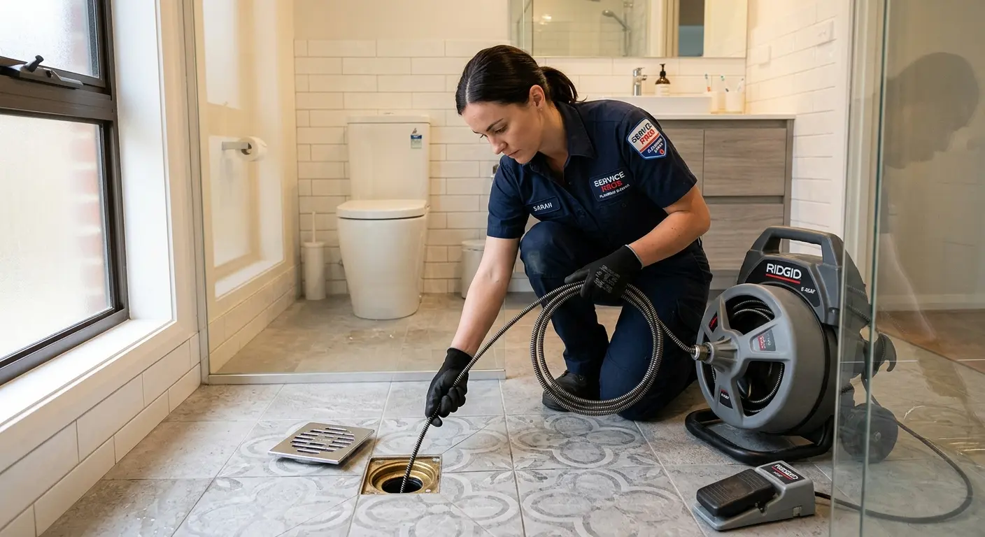 Technician clearing a bathroom floor drain for Drain Cleaning in Southbury
